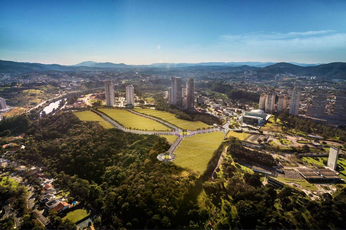Vista aérea do AlphaGran em Alphaville, com a localização do KA'A Home Boutique marcada entre a mata e as torres