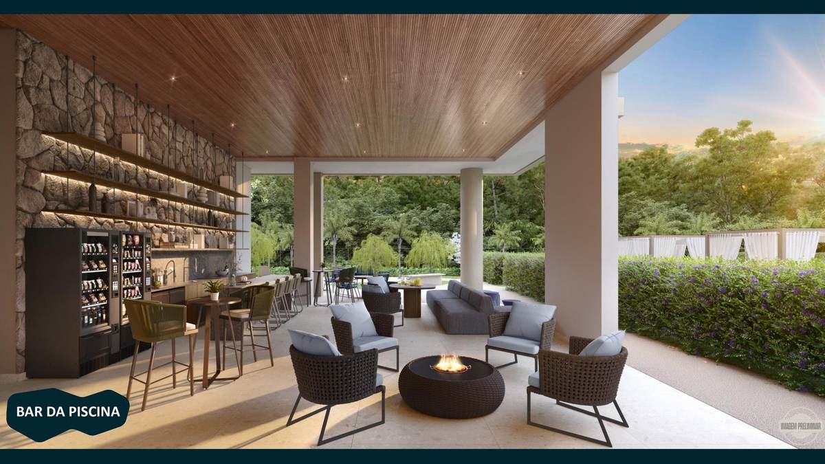 Bar da piscina com fire pit e vista para a mata
