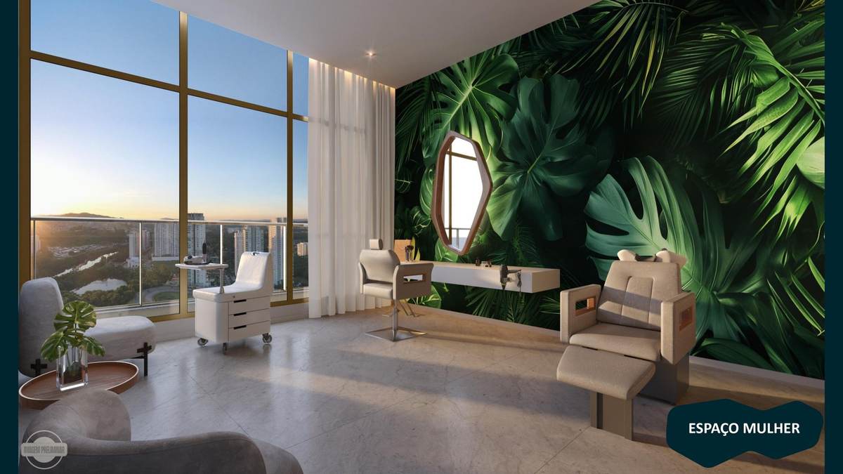 Espaço mulher com painel de folhagens tropicais e vista para o lago