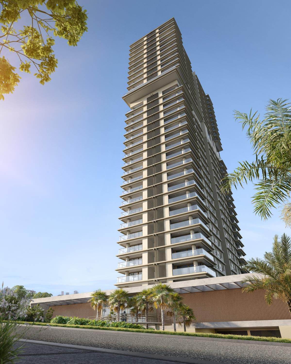 Fachada do KA'A Home Boutique: torre única de 35 pavimentos com brises de madeira e varandas em vidro