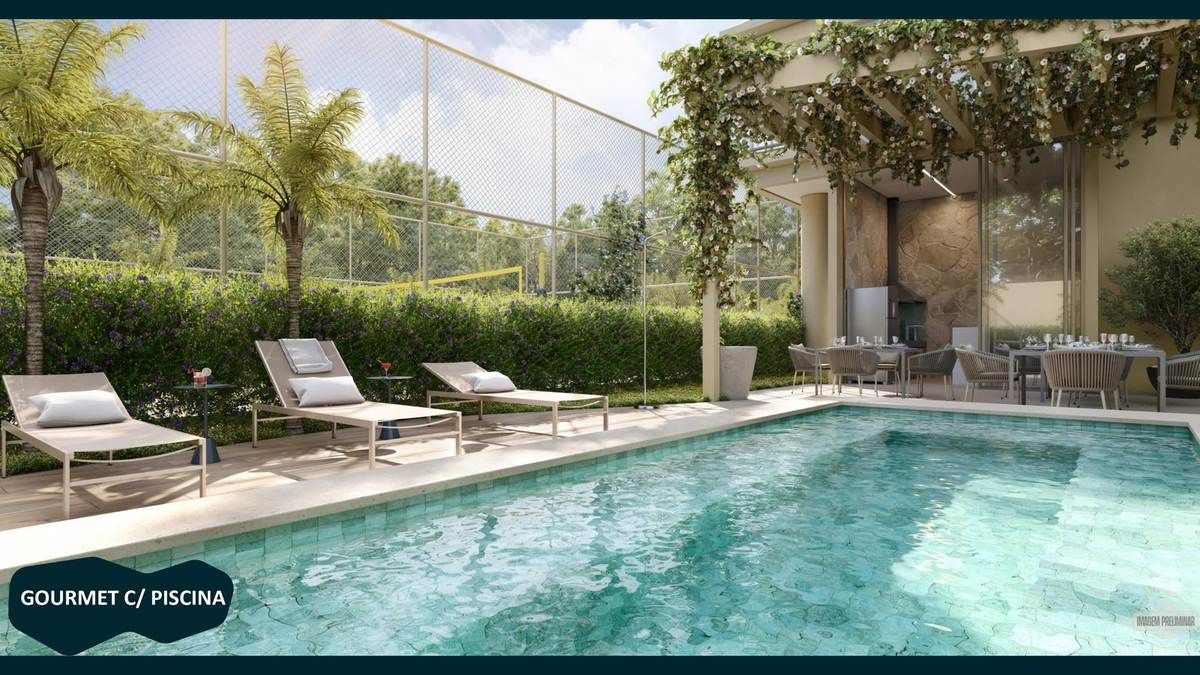 Gourmet externo com piscina privativa e pérgola florida