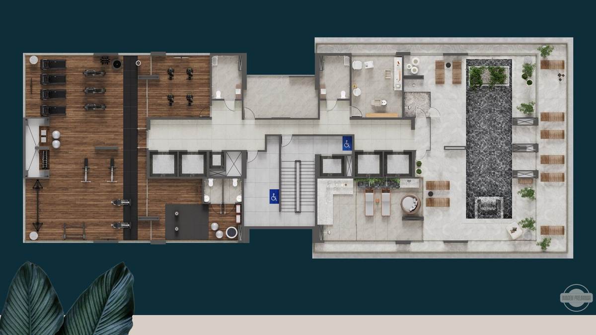 Planta do 20º andar com academia, spinning, sauna, piscina coberta, ofurô e espaço mulher