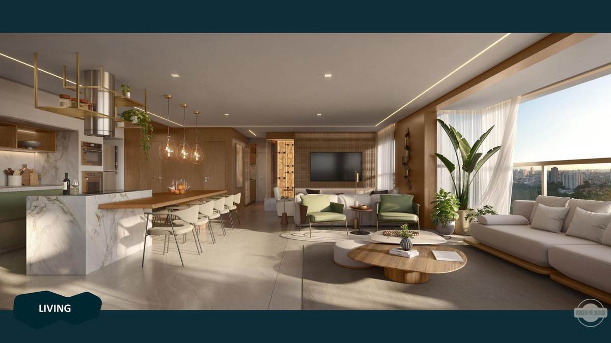 Living decorado do apartamento com cozinha integrada, mesa de jantar e terraço