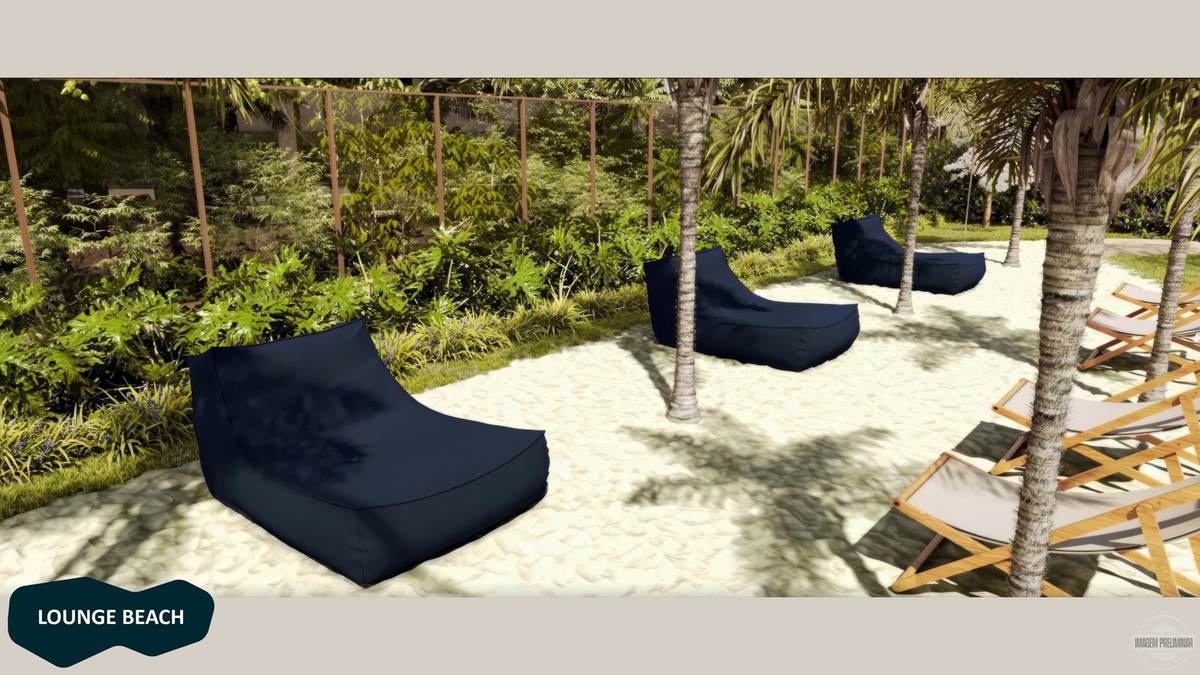 Lounge beach com areia, pufes e palmeiras