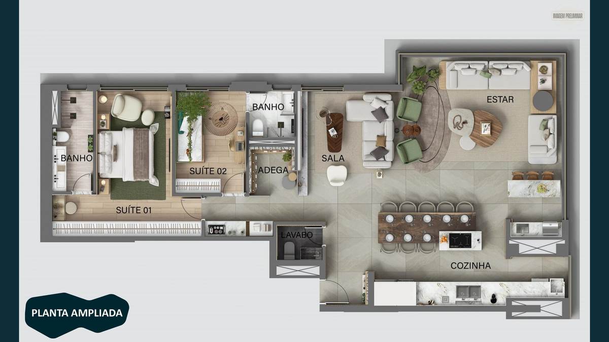 Planta ampliada de 268 m² do KA'A Home Boutique com 2 suítes, adega, estar e sala de jantar para 8 pessoas