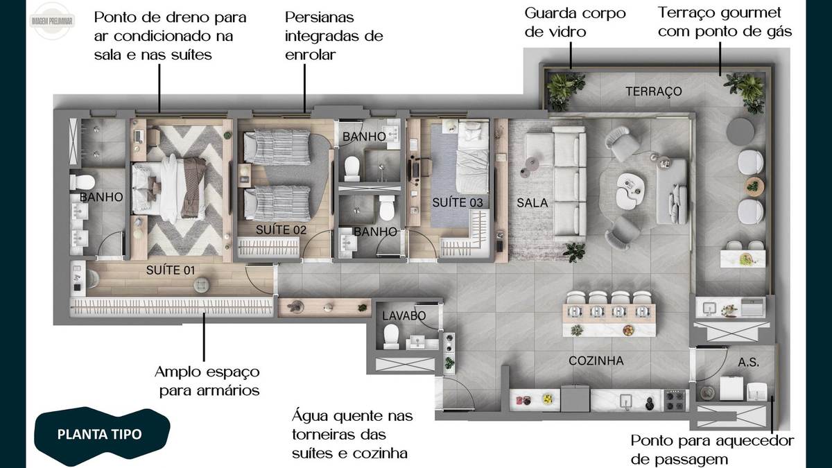 Planta tipo de 130 m² do KA'A Home Boutique com 3 suítes, lavabo, cozinha integrada e terraço gourmet