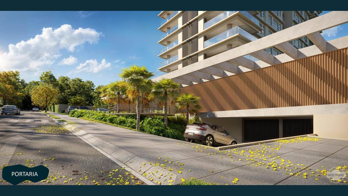 Portaria do KA'A Home Boutique com fachada de ripas em madeira e jardim com palmeiras imperiais