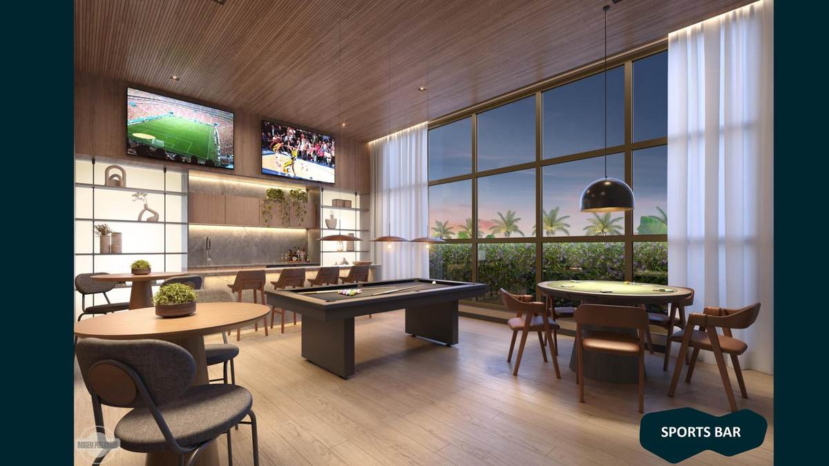 Sports bar com sinuca, mesa de pôquer e telão