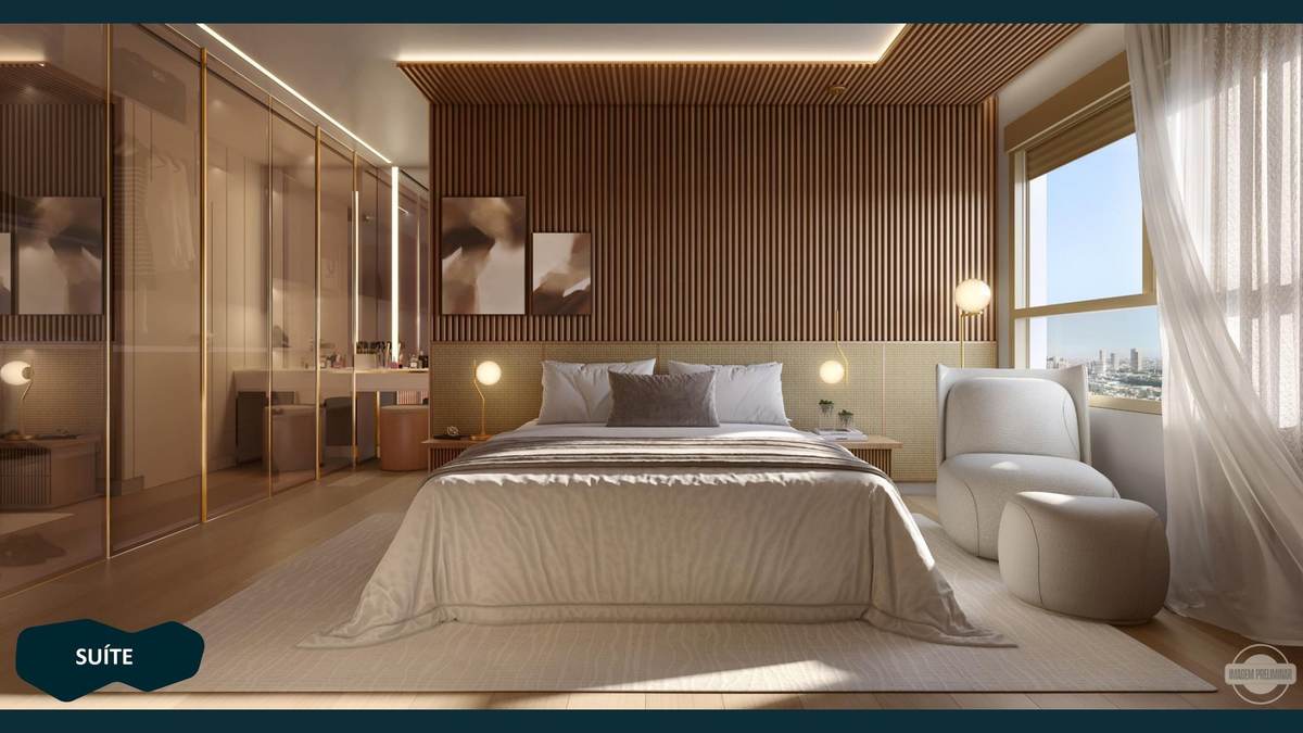Suíte master decorada com closet em vidro e painel ripado
